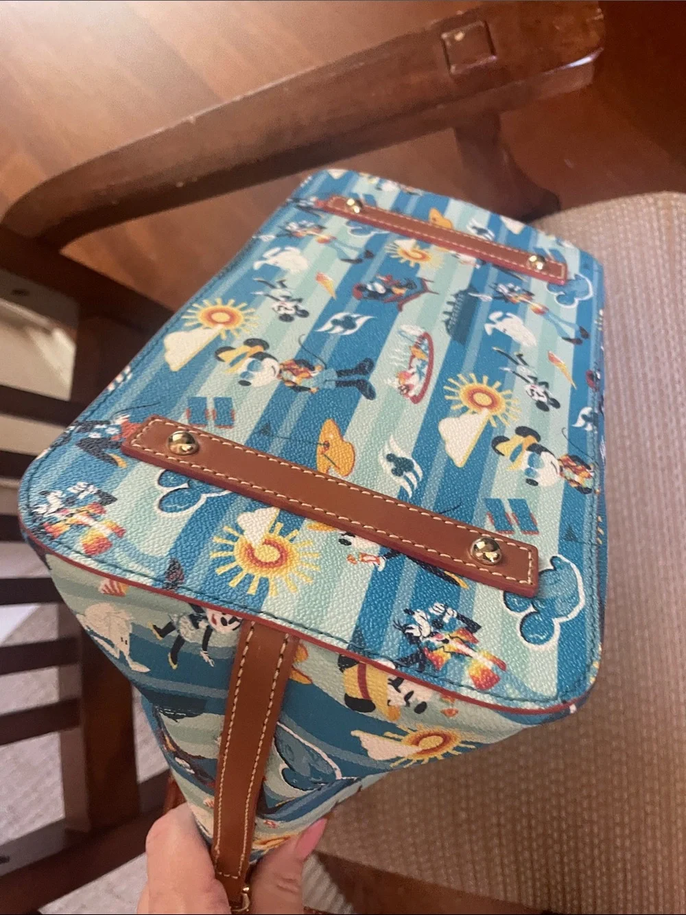 Dooney & Bourke Teal & Light Blue Disney Cruise Print Satchel with Tan Trim